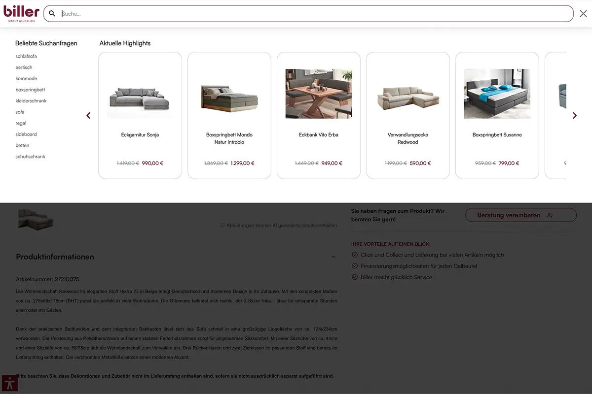 Auf dem Bild ist ein Screenshot der Navigation des Onlineshops Biller zu sehen.