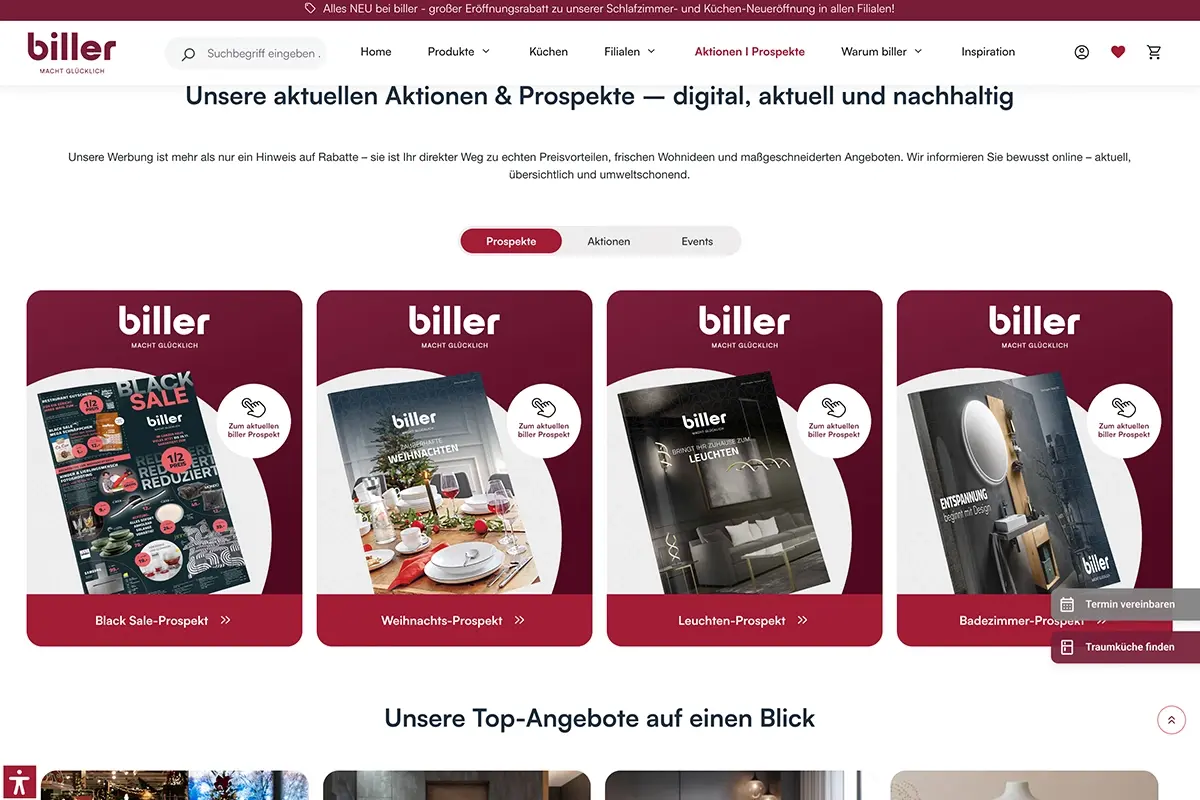 Auf dem Bild ist ein Screenshot der Prospekte des Onlineshops Biller zu sehen.