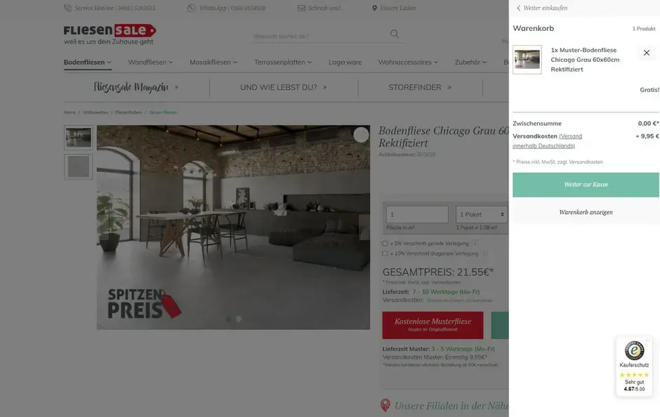 Screenshot des Checkout Prozess im Onlineshop Fliesensale