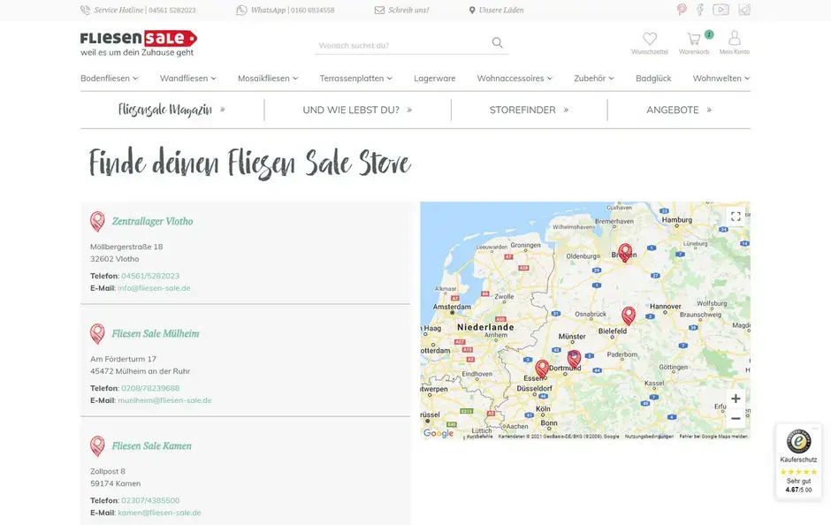 Screenshot einer Standortsuche im Onlineshop Fliesensale