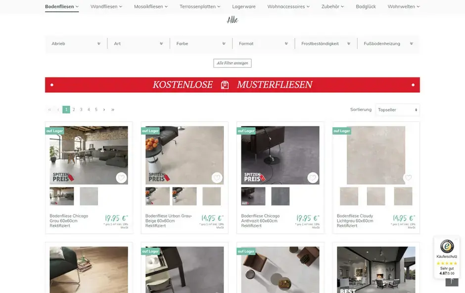 Screenshot einer Kategorieseite im Onlineshop Fliesensale