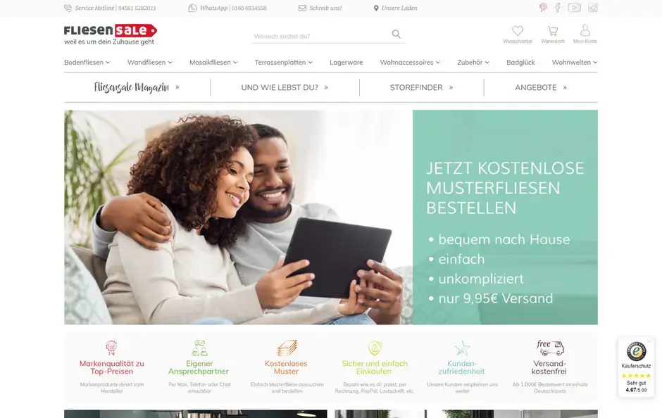 Screenshot der Startseite im Onlineshop Fliesensale