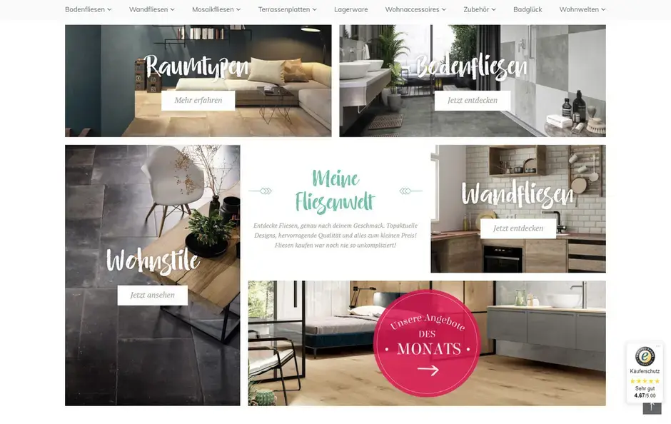 Screenshot einer Landingpage im Onlineshop Fliesensale