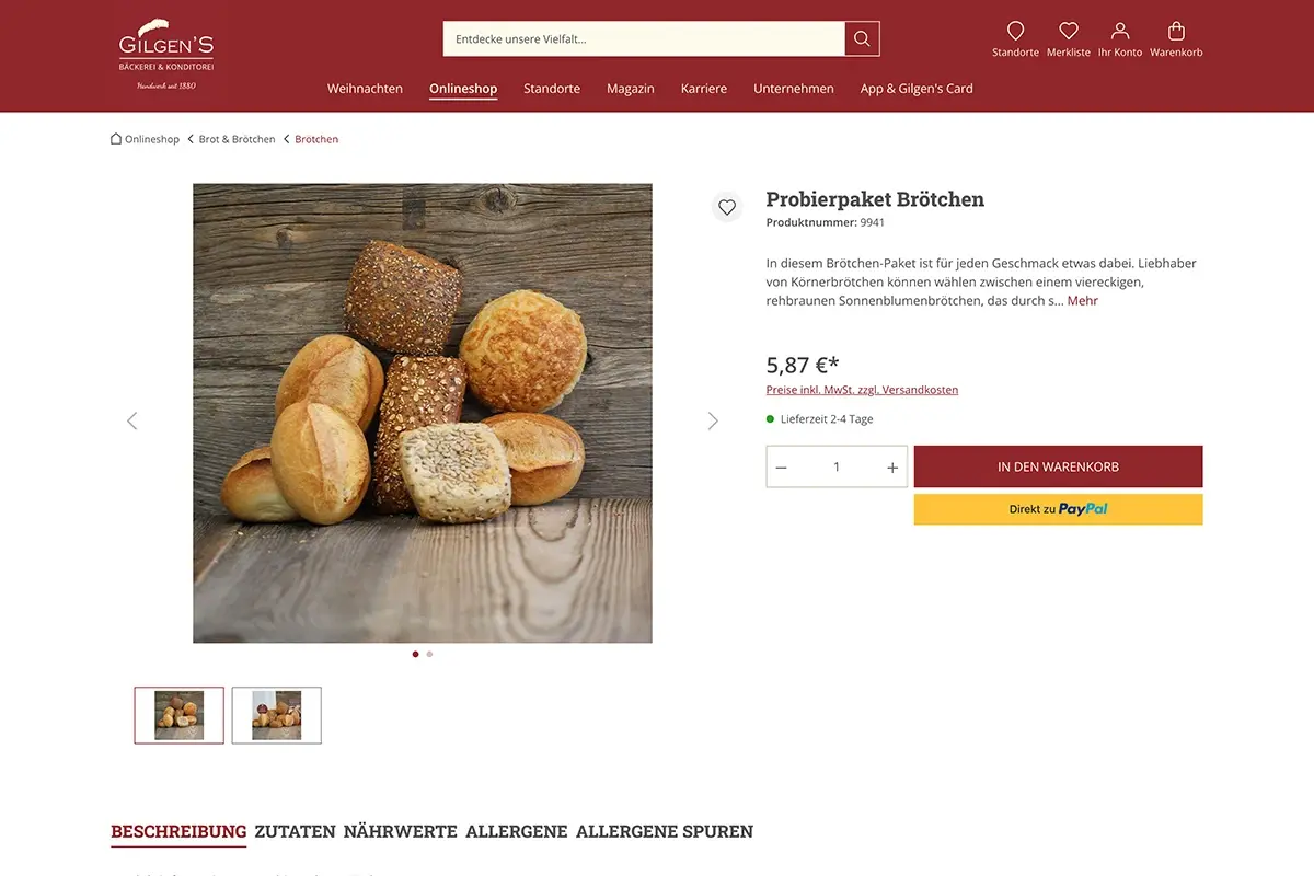 Auf dem Bild ist ein Screenshot der Produktdetailseite des Onlineshops von der Bäckerei Gilgens zu sehen.