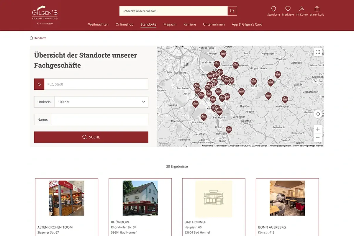 Auf dem Bild ist ein Screenshot der Standortsuche des Onlineshops von der Bäckerei Gilgens zu sehen.