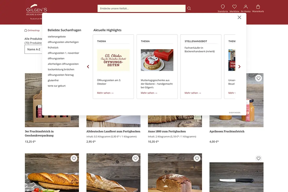 Auf dem Bild ist ein Screenshot der Navigation inkl. Suche des Onlineshops von der Bäckerei Gilgens zu sehen.