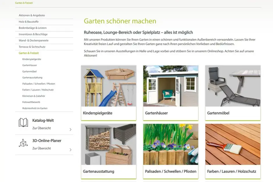 Screenshot einer Landingpage "Garten schöner machen" im Onlineshop von Holz-Speckmann