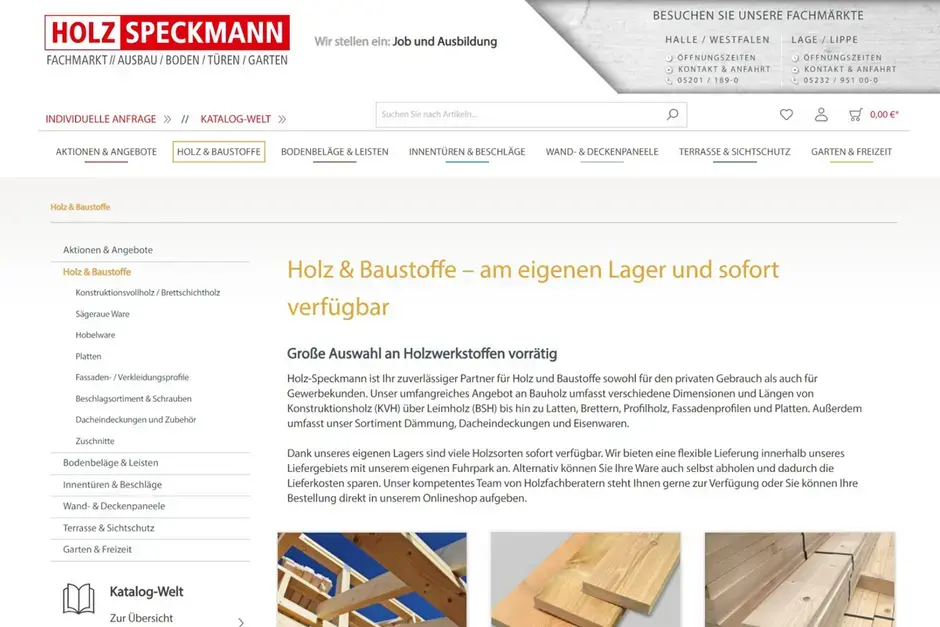 Screenshot einer Kategorieseite "Holz&amp;Baustoffe" im Onlineshop von Holz-Speckmann