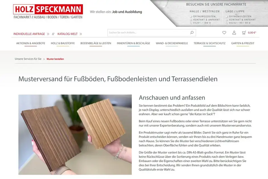 Screenshot einer Landingpage "Musterversand" im Onlineshop von Holz-Speckmann