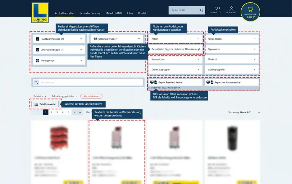 Screenshot einer Kategorieseite inkl. möglicher Filterungen des Lüning Onlineshops