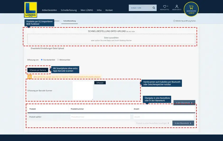Screenshot einer Bestellung inkl. möglicher Auswahlmöglichkeiten des Lüning Onlineshops