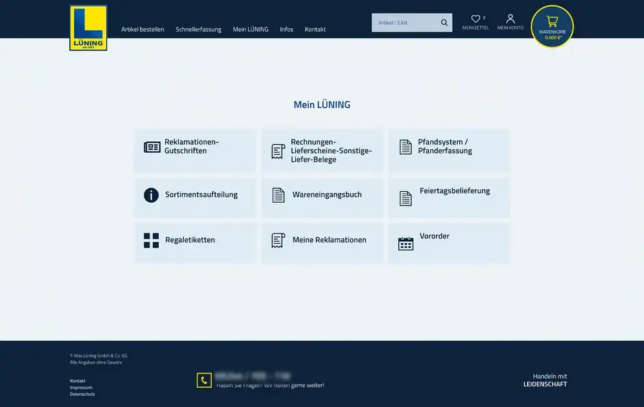 Screenshot der Startseite eines Konto des Lüning Onlineshops