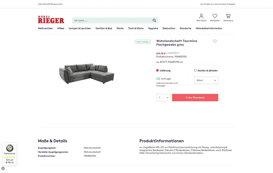 Screenshot einer Produktdetailseite von einem Sofa im Onlineshop von Möbel Rieger.
