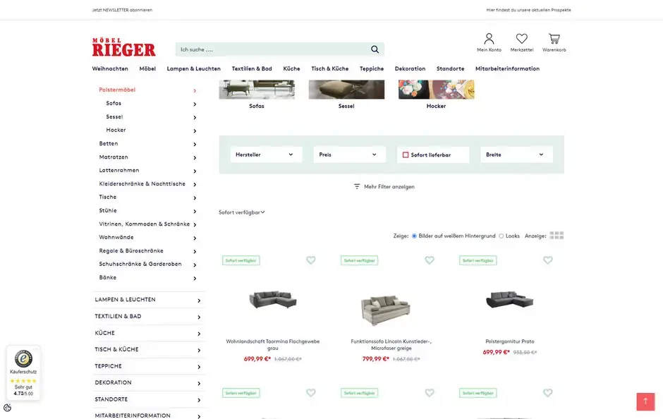 Screenshot einer Kategorieseite im Onlineshop von Möbel Rieger.