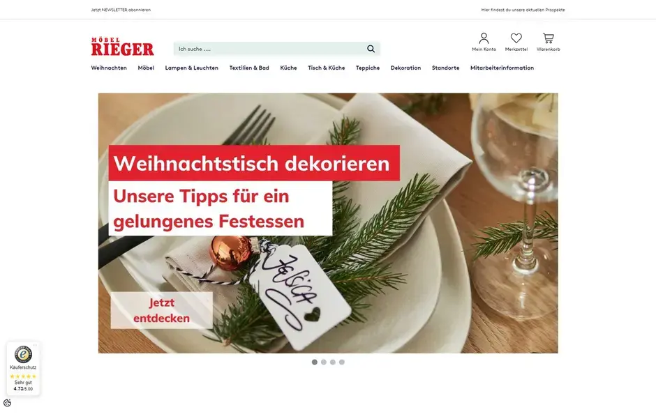 Screenshot der Startseite im Onlineshop von Möbel Rieger.
