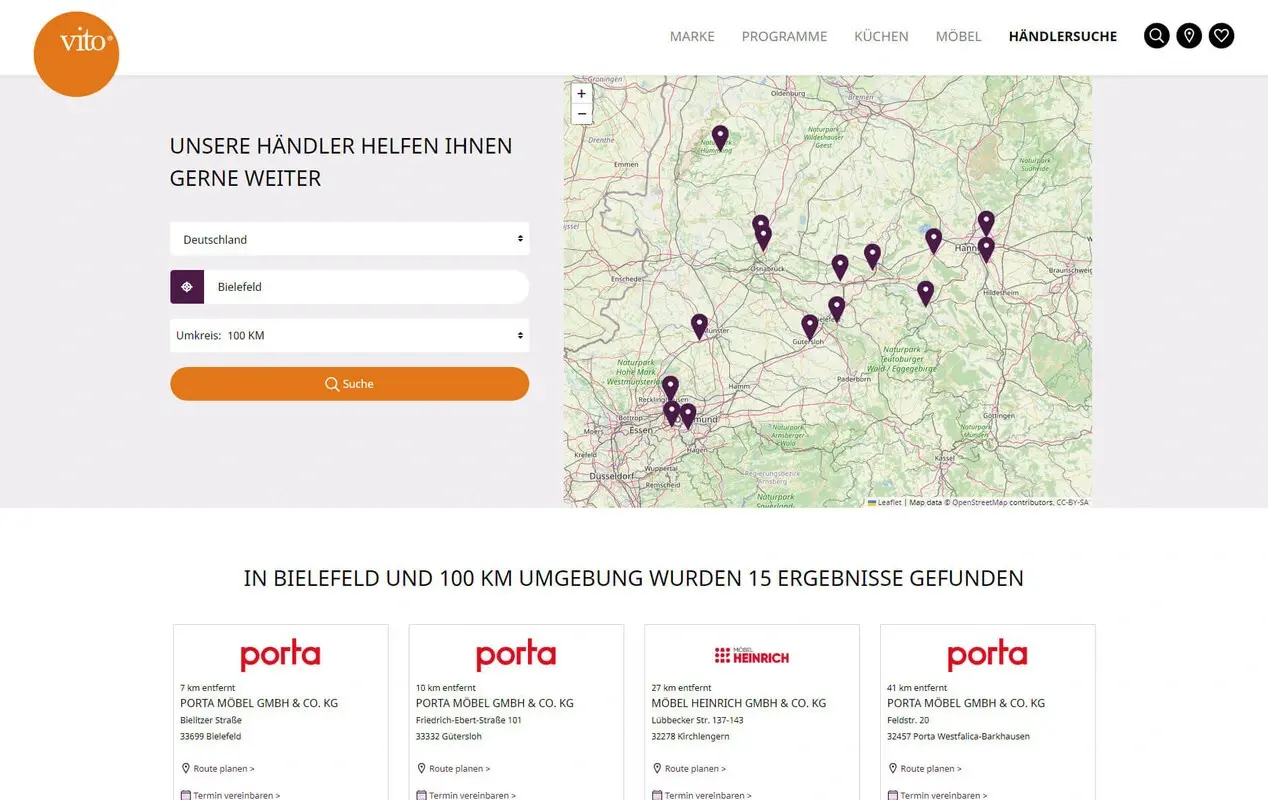 Auf dem Bild ist ein Screenshot der Ergebnisseite der Standortsuche des Onlineshops von Vito-Möbel zu sehen.