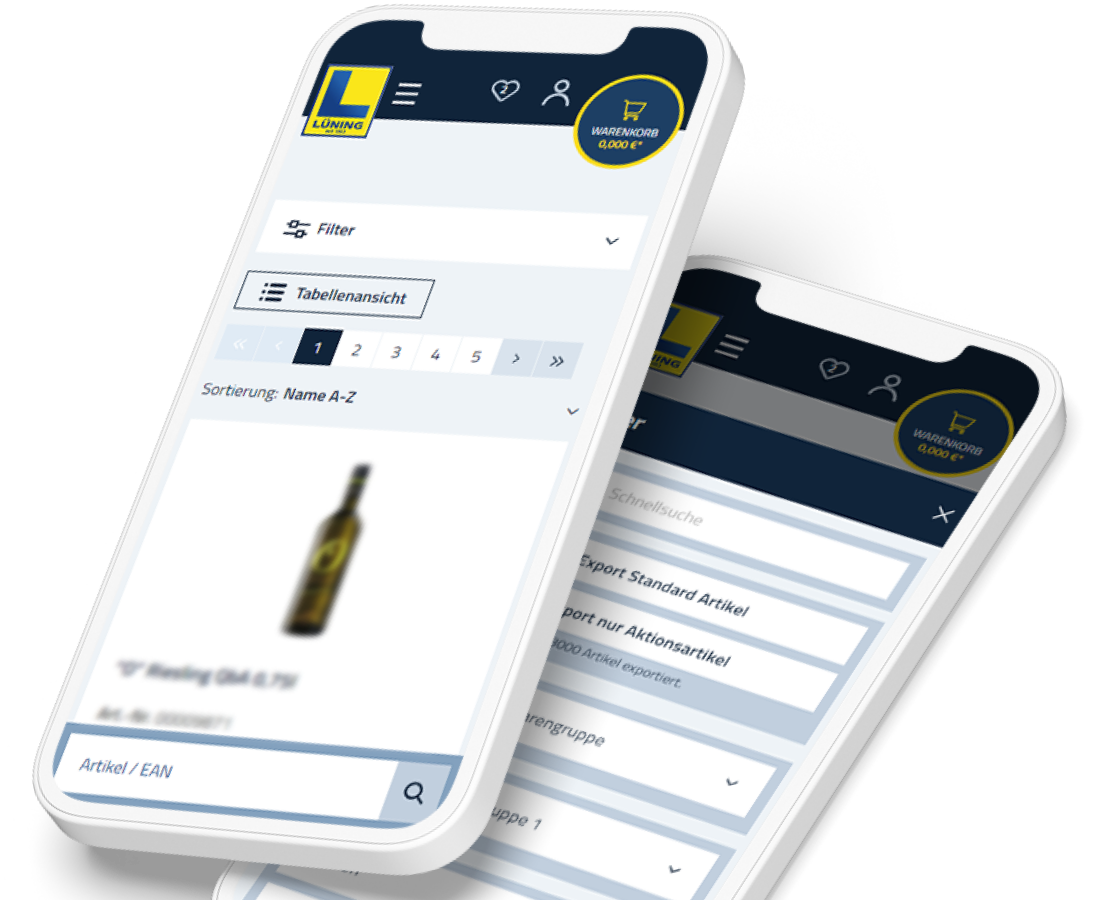 Zwei Smartphones zeigen Screenshots aus dem luening24 Online Shop.