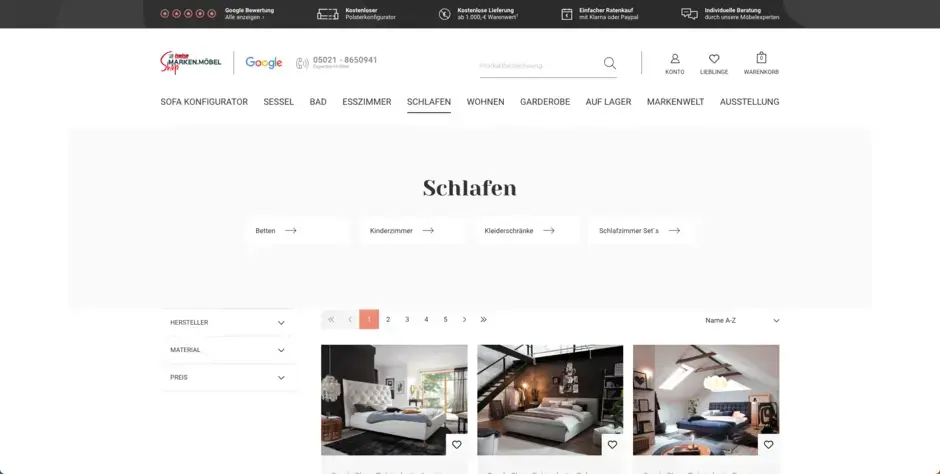 Auf dem Bild ist ein Screenshot der Kategorieseite "Schlafen" im Onlineshop von HEKA-Markenmöbel zu sehen.