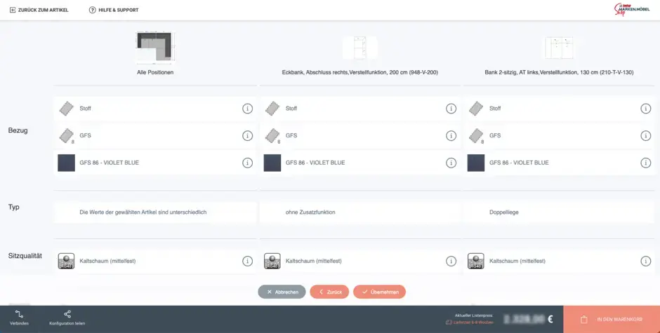 Auf dem Bild ist ein Screenshot einer Sofa-Konfiguration im Onlineshop von HEKA-Markenmöbel zu sehen.