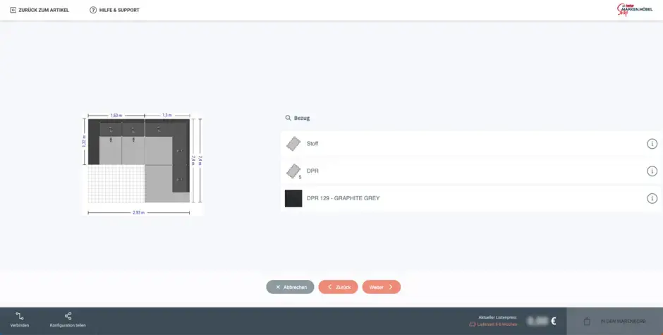 Auf dem Bild ist ein Screenshot einer detaillierten Sofa-Konfiguration im Onlineshop von HEKA-Markenmöbel zu sehen.
