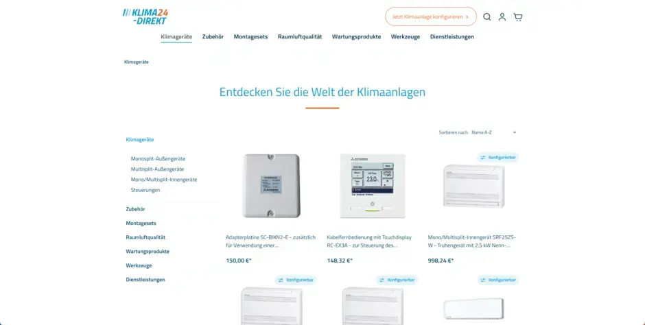 Screenshot einer Kategorieseite im Onlineshop von Klima24
