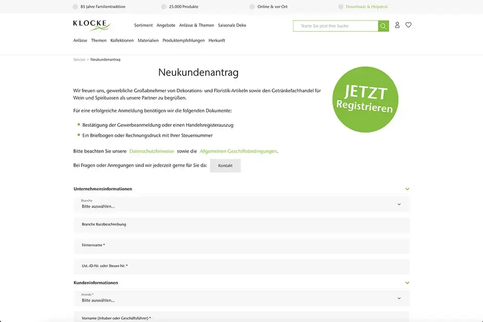 Screenshot eines Neukundenantrags des Onlineshops Klocke