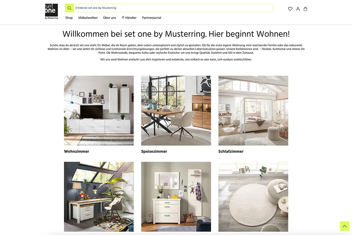 Auf dem Bild ist ein Screenshot der Startseite des Onlineshops Set One zu sehen.