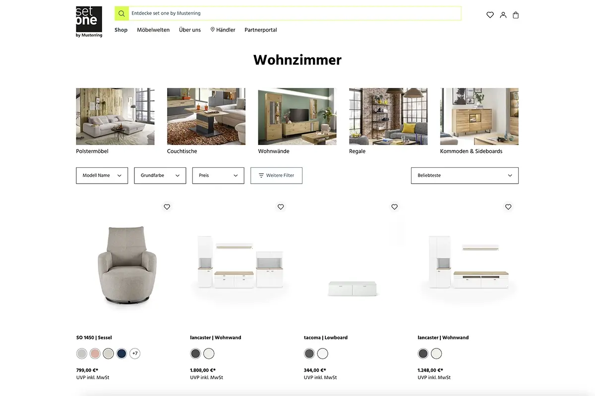 Auf dem Bild ist ein Screenshot der Kategorieseite des Onlineshops Set One zu sehen.