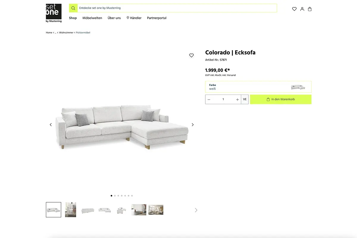 Auf dem Bild ist ein Screenshot der Produktdetailseite des Onlineshops Set One zu sehen.