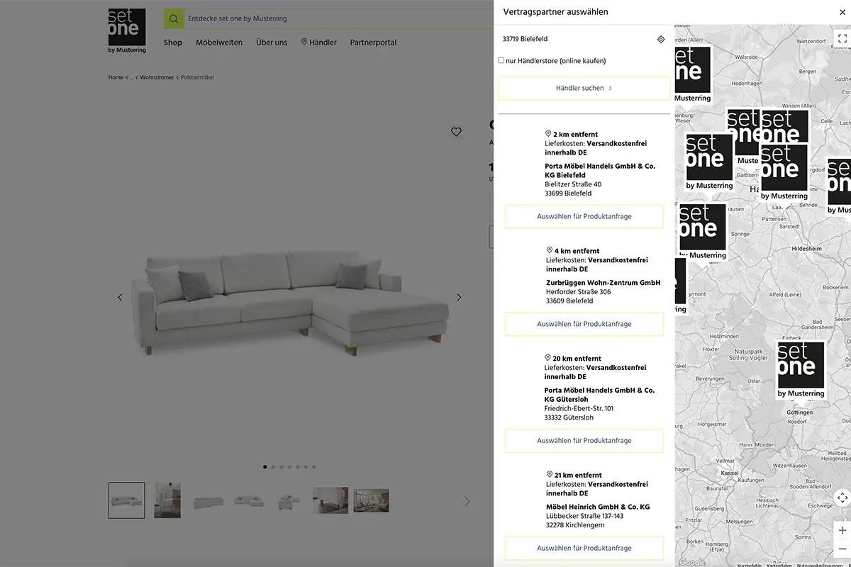 Auf dem Bild ist ein Screenshot der Händlersuche des Onlineshops Set One zu sehen.