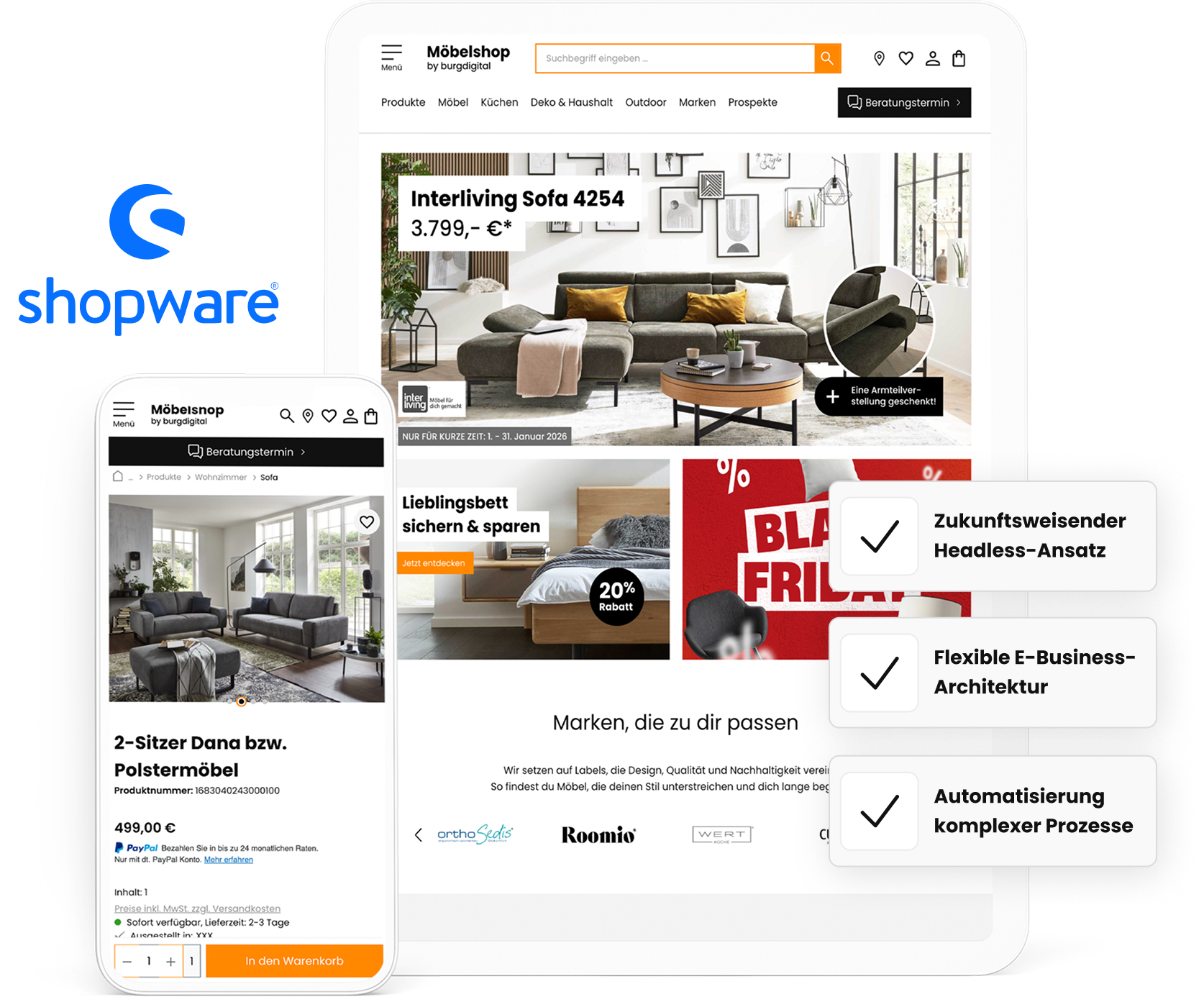 Shopware Demo-Onlineshop für Möbel: Startseite, Produktdetailseite und Markenwelt in Desktop- und Mobilansicht Shopware Demo-Onlineshop für Möbel: Startseite, Produktdetailseite und Markenwelt in Desktop- und Mobilansicht