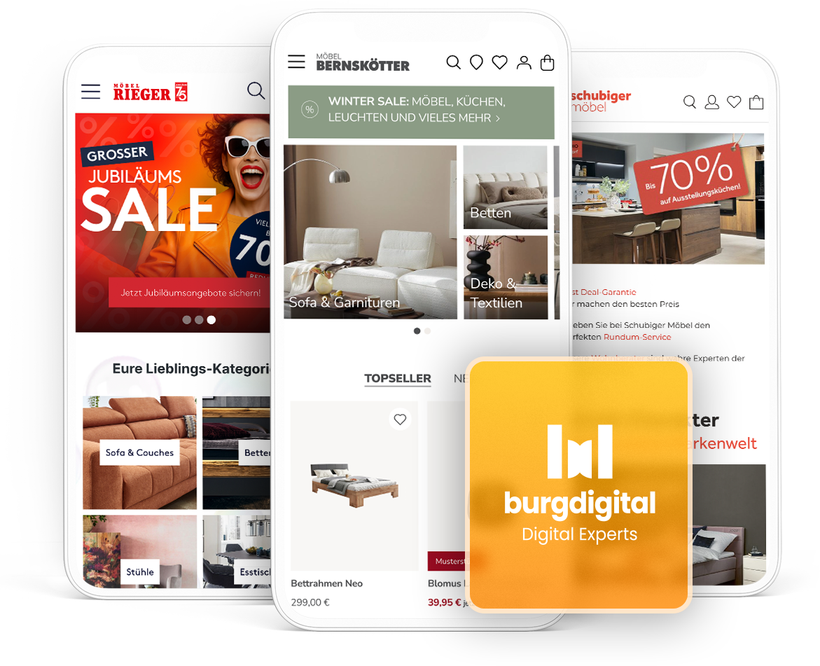 Mit burgdigital als Digitalagentur können Sie erfolgreiche Onlineshops mit Shopsystem, zielführenden UX-Design und reichweitenstärkenden SEO im Möbelhandel aufbauen