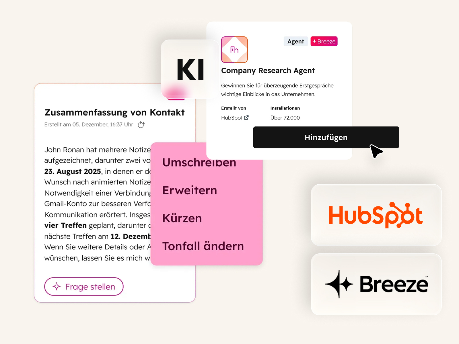 The graphic illustrates various features of the HubSpot Breeze AI tool.