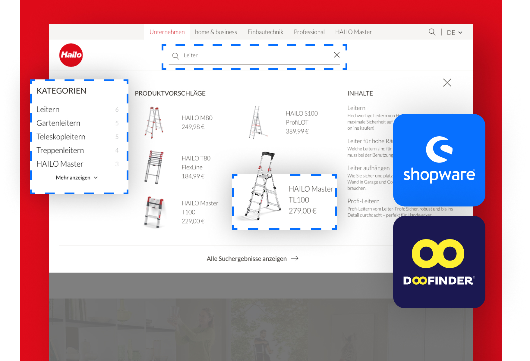 The screenshot shows the product search feature of a Shopware online store built using Doofinder.