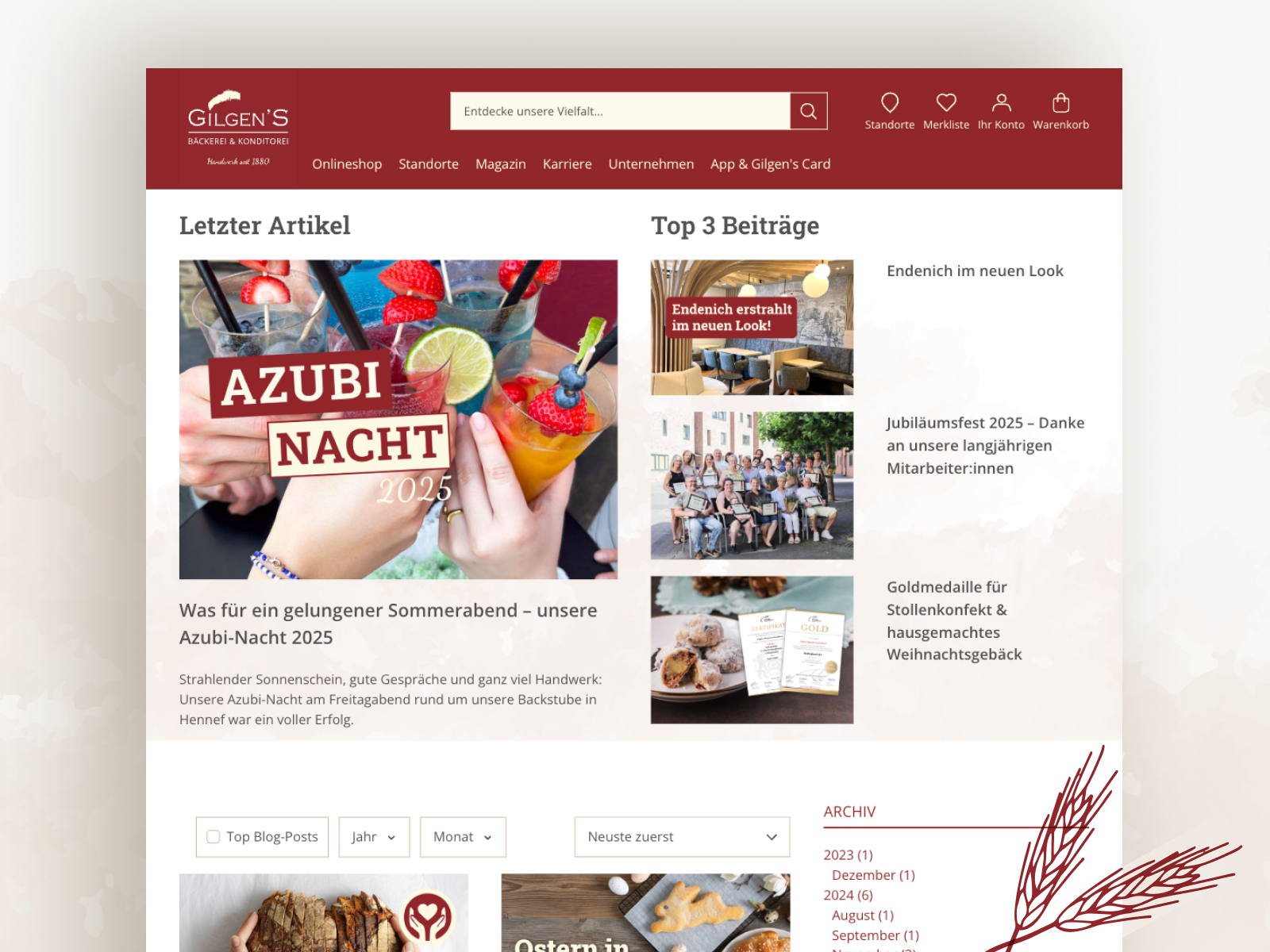 Die Grafik zeigt den Blog Bereich des Shopware Onlineshops der Bäckerei Gilgens.