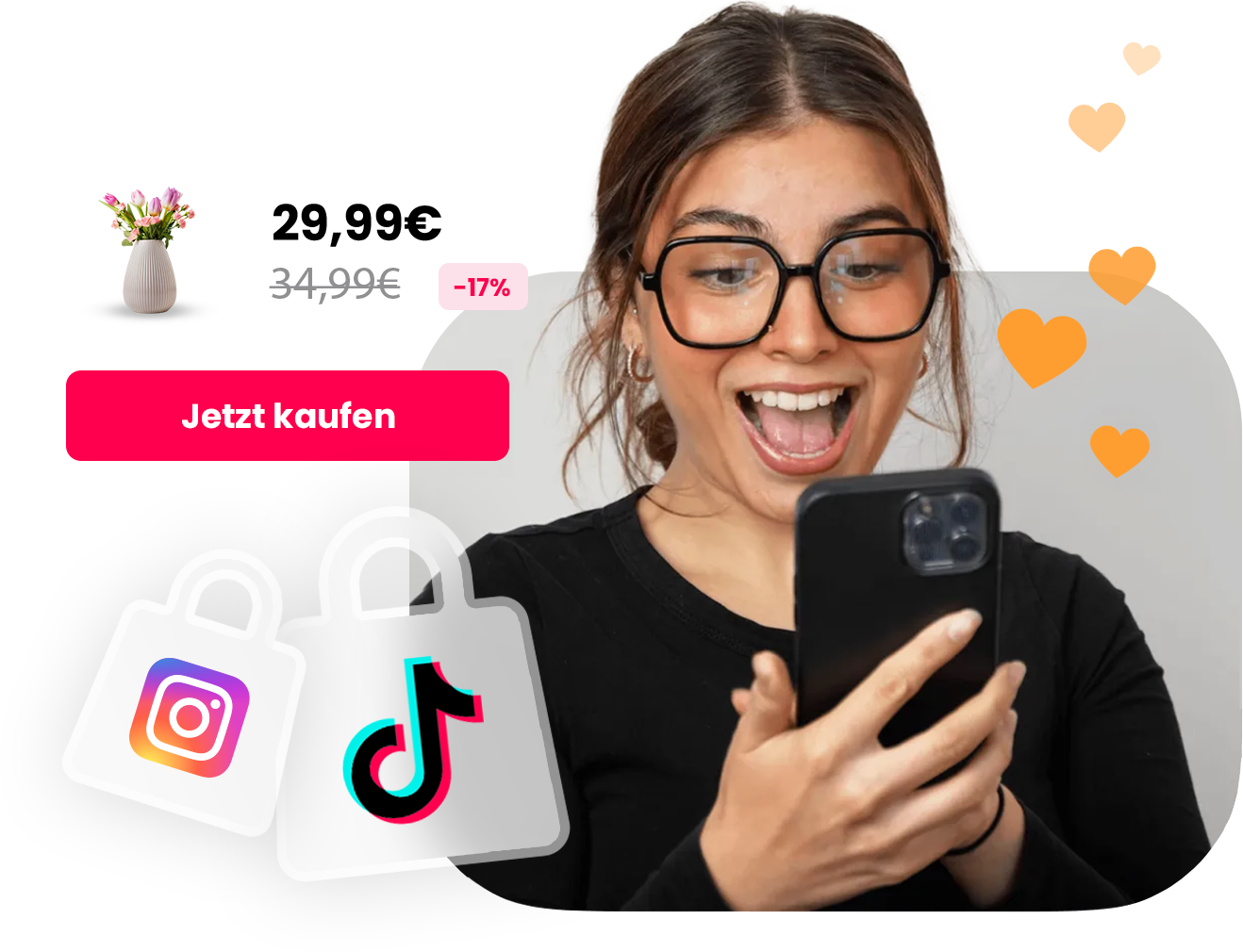 The picture shows a woman holding a cell phone. She is in the process of buying something on Instagram or TikTok.