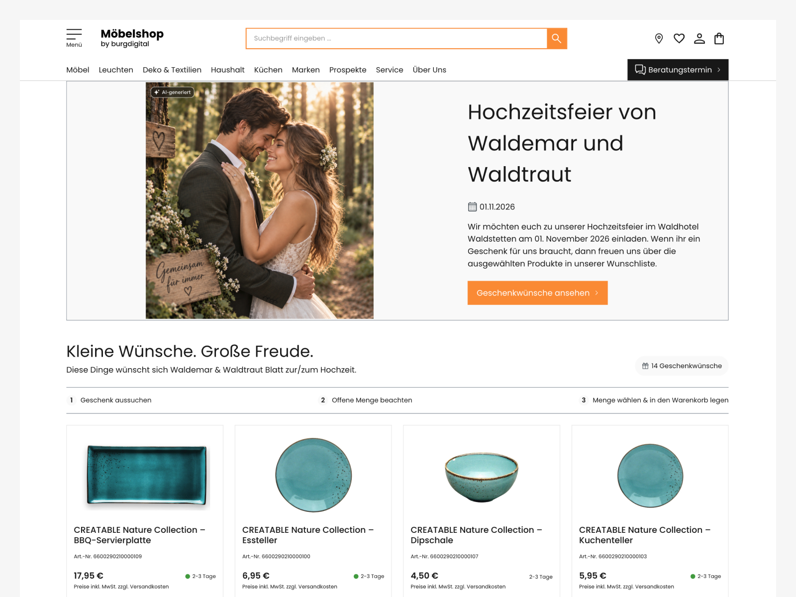 Darstellung der Benutzeroberfläche von dem Wunschtisch-Plugin für Shopware, in der Hochzeitsgäste ausgewählte Geschenke kaufen können