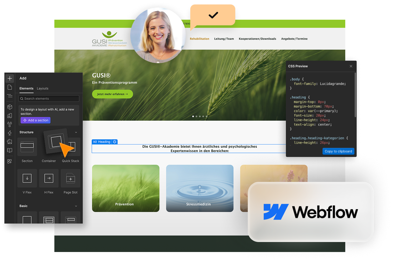 Visualisierung der Umsetzung einer Website mit Webflow – Von dem Anlegen einzelner Elemente, Stylen von Schriften über das Lesen von Kundenkommentaren