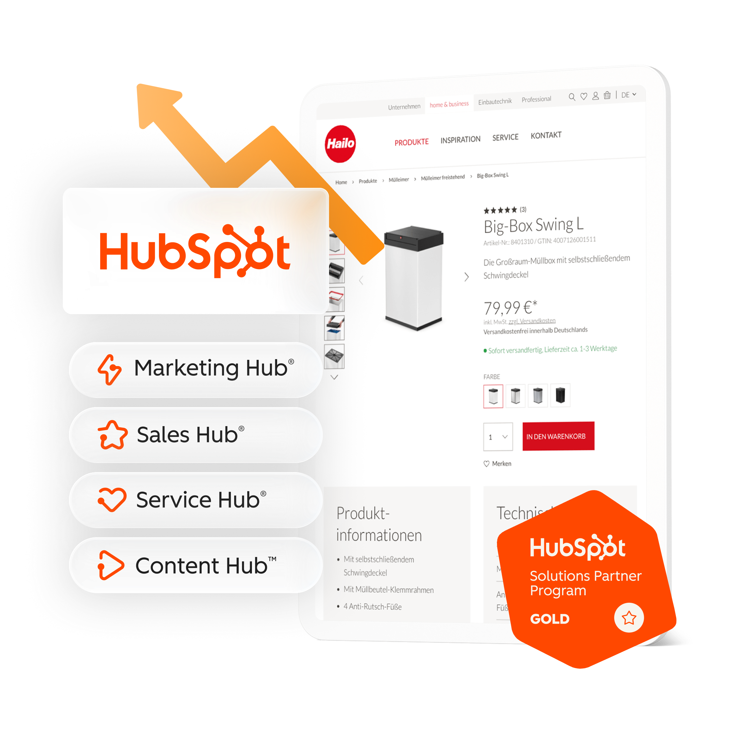Die Grafik zeigt den Onlineshop Hailo auf einem Tablet mit dem HubSpot Logo.