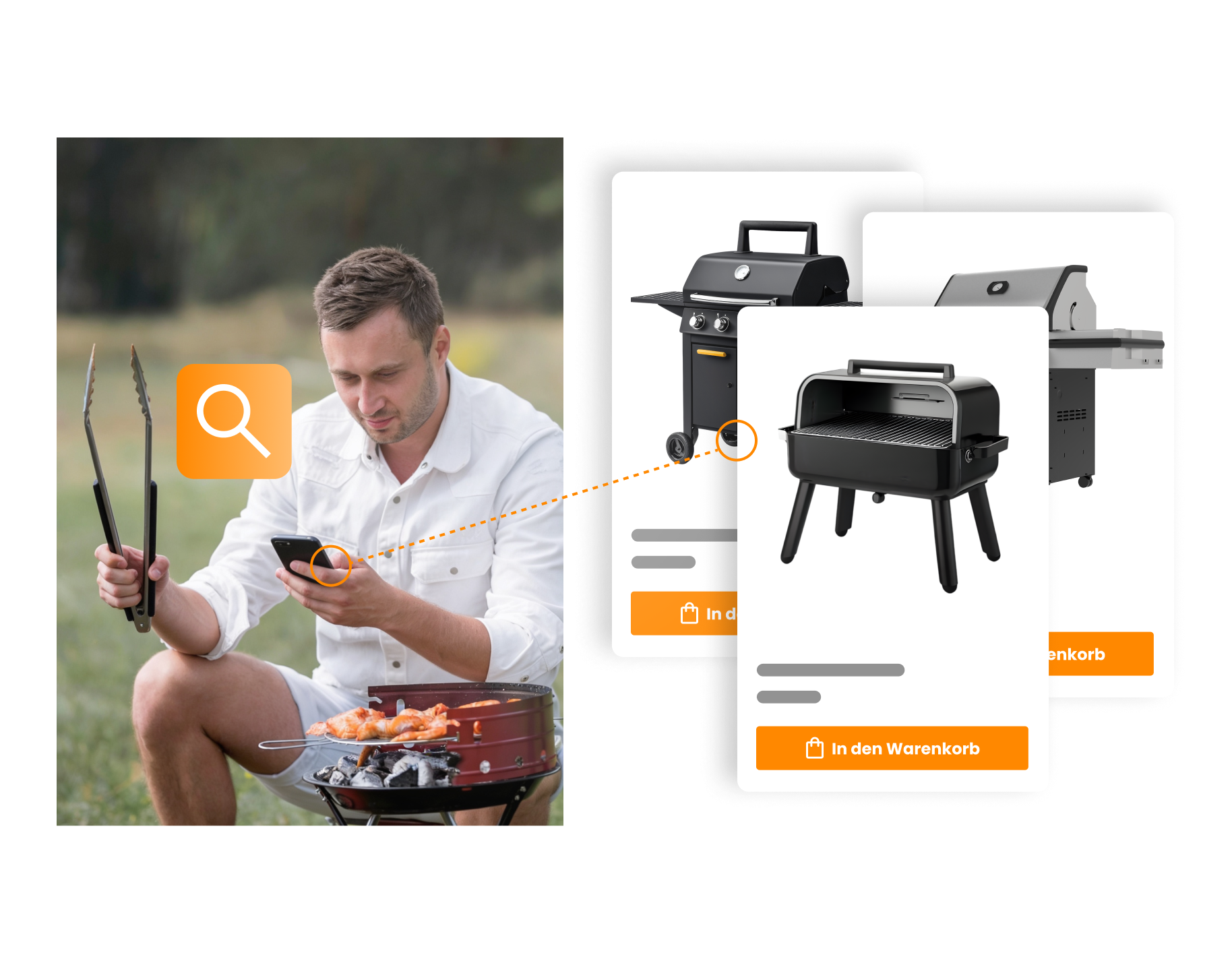 Ein Mann grillt im Garten, schaut auf sein Smartphone und es werden ihm verschiedene Grills auf dem Smartphone angezeigt.