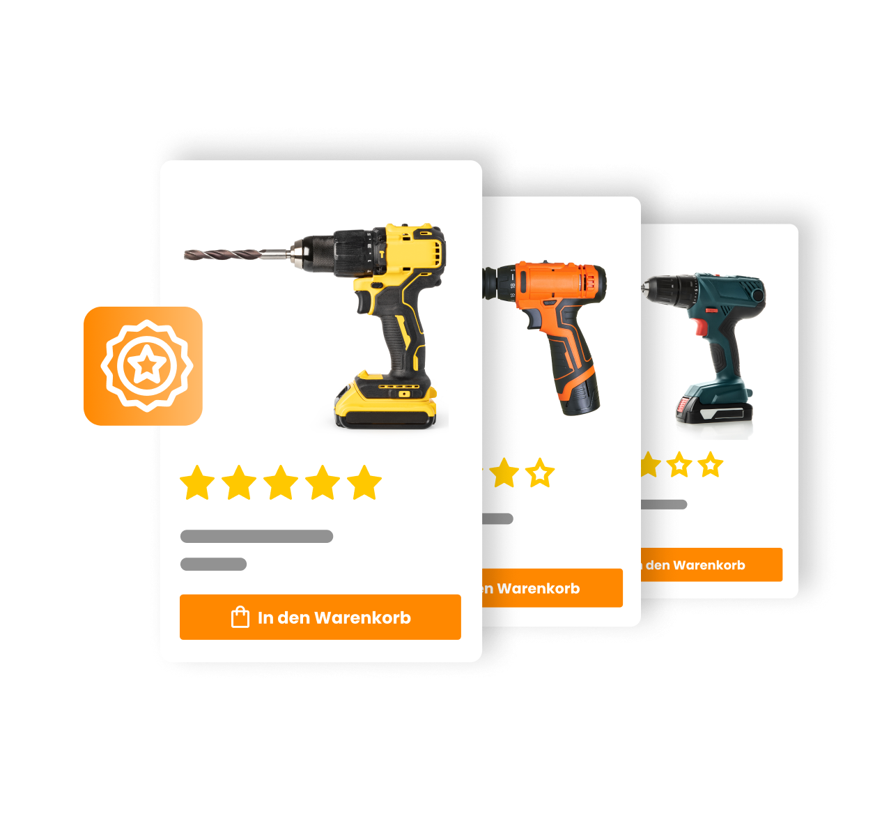 Es werden 3 Produkte eines Onlineshops mit einer immer steigenden Produktbewertung angezeigt.