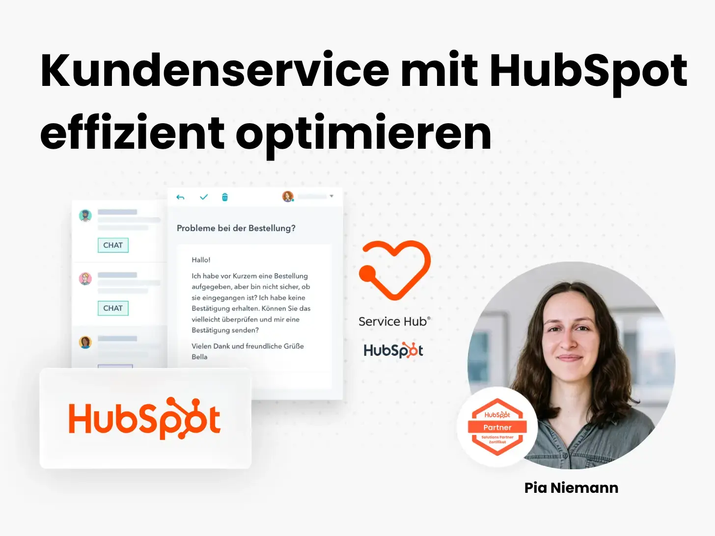 Auf dem Bild ist das Webinar "Kundenservice mit HubSpot effizient optimieren" angeteasert. Unten rechts ist der Speaker des Webinars abgebildet.